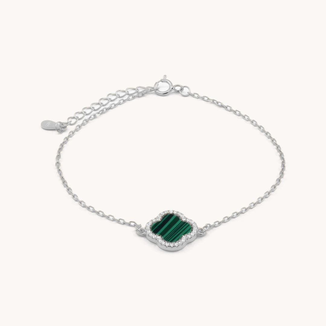 Sterling Silver Malachite Crystal Clover Bracelet, Silver