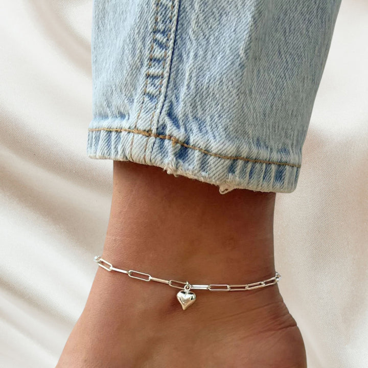 Sterling Silver Mia Heart Paperclip Anklet