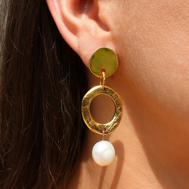 Textured Circle Drop Pearl Stud Earrings, Gold