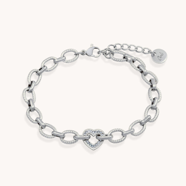 Textured Link Crystal Heart Bracelet, Silver