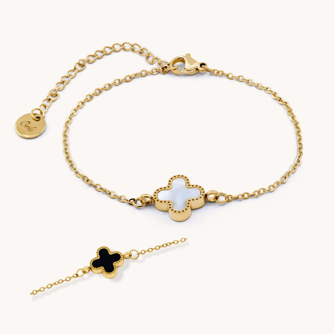 Double Sided Single Clover Bracelet, Black/White & Gold