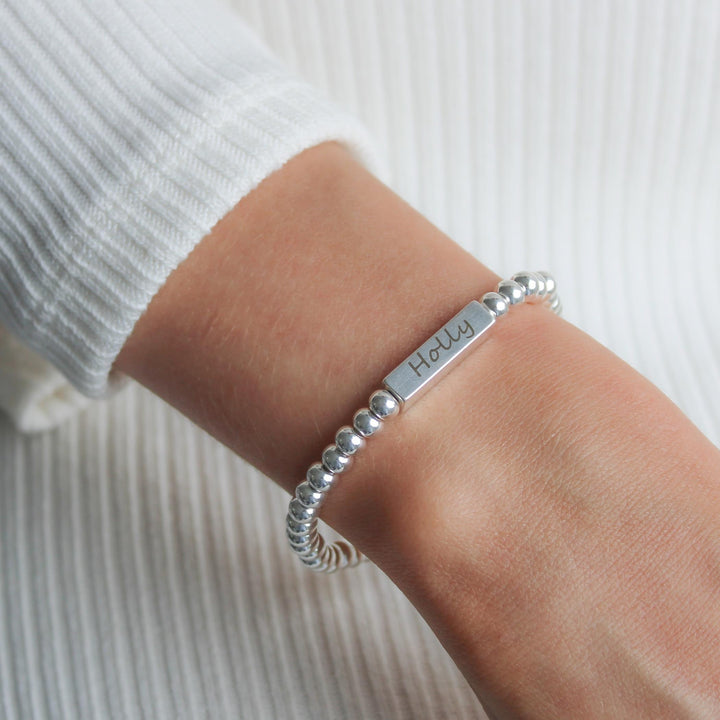 Zara Engravable Bar Personalised Beads Bracelet, Silver