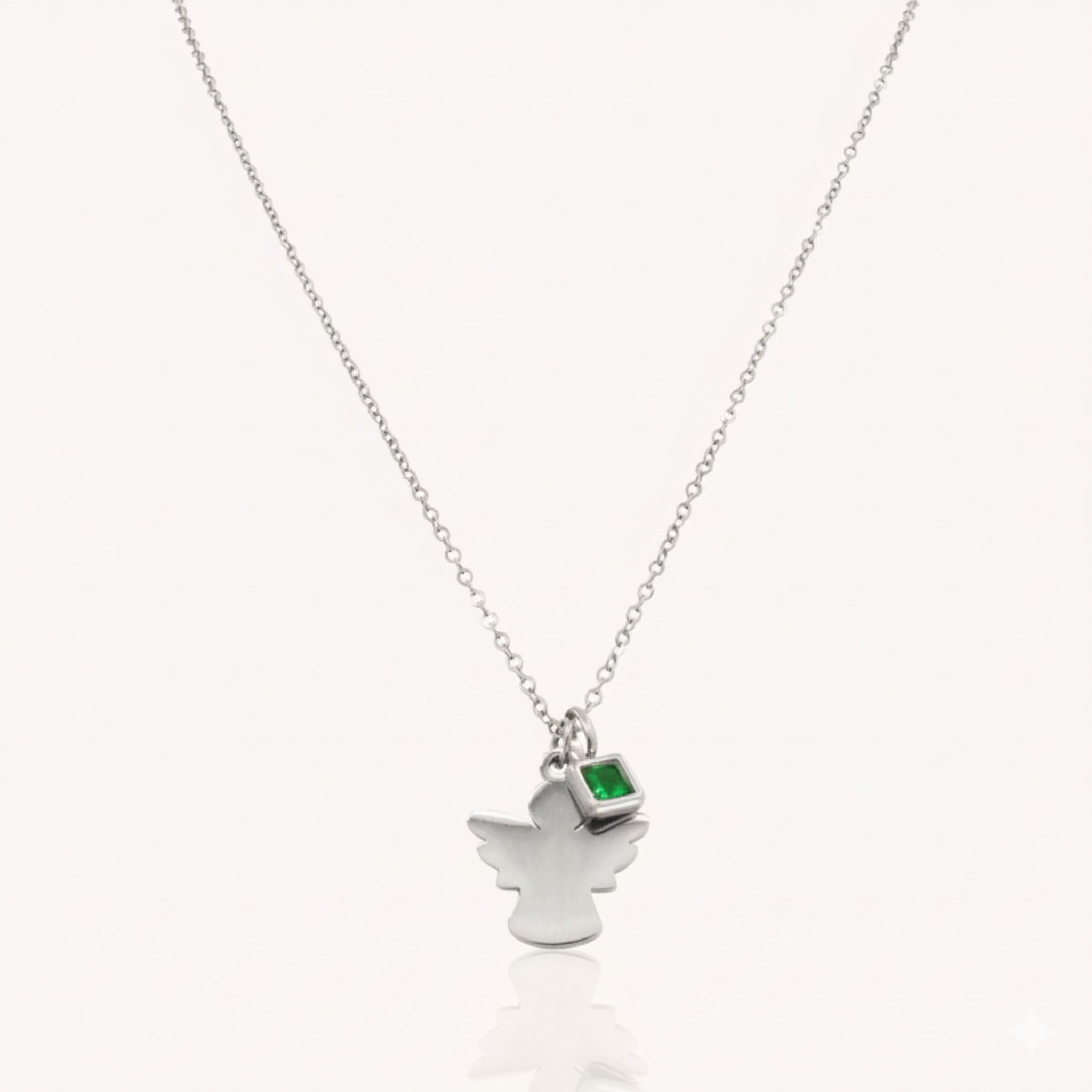 Silver angel necklace with birthstone charm in stainless steel – waterproof & tarnish-free.