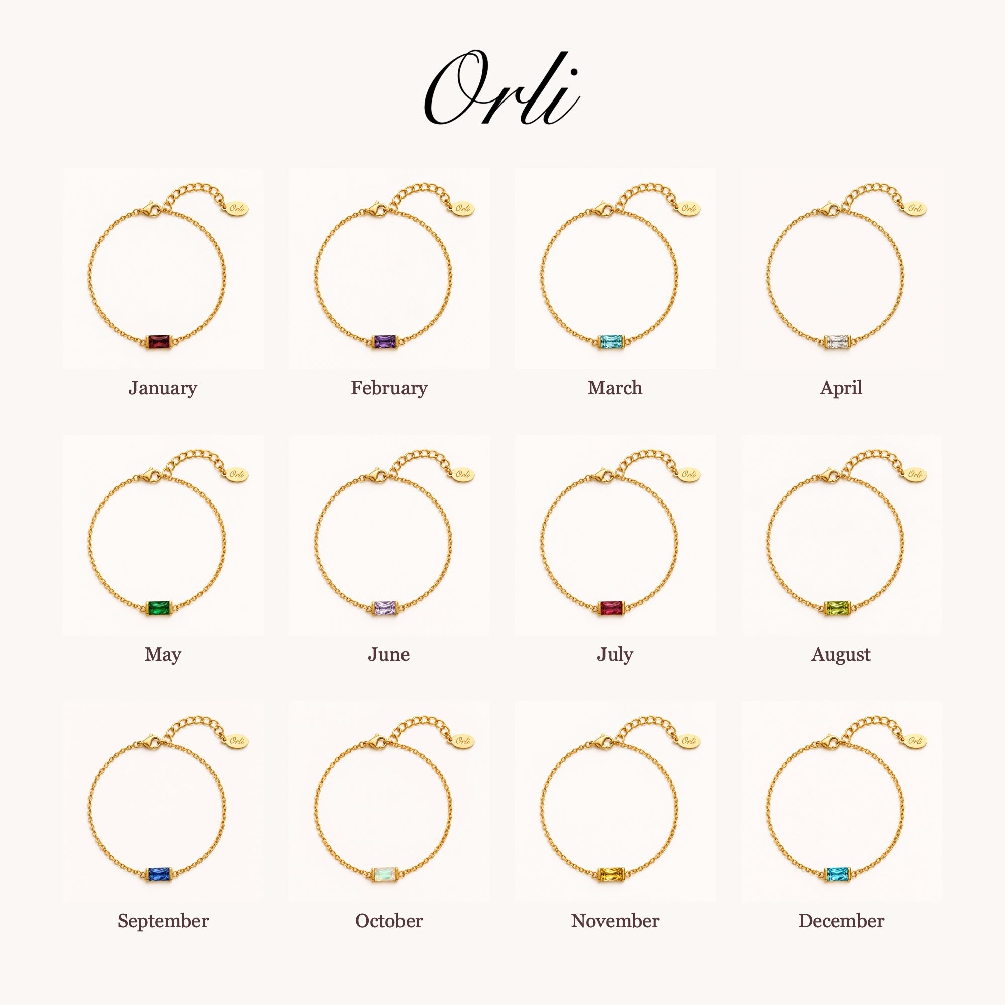 Ava Fine Birthstone Bracelet in Gold — January to December birth month chart