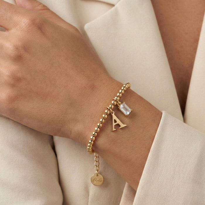 Beaded Bracelet with Initial & Birthstone in Gold