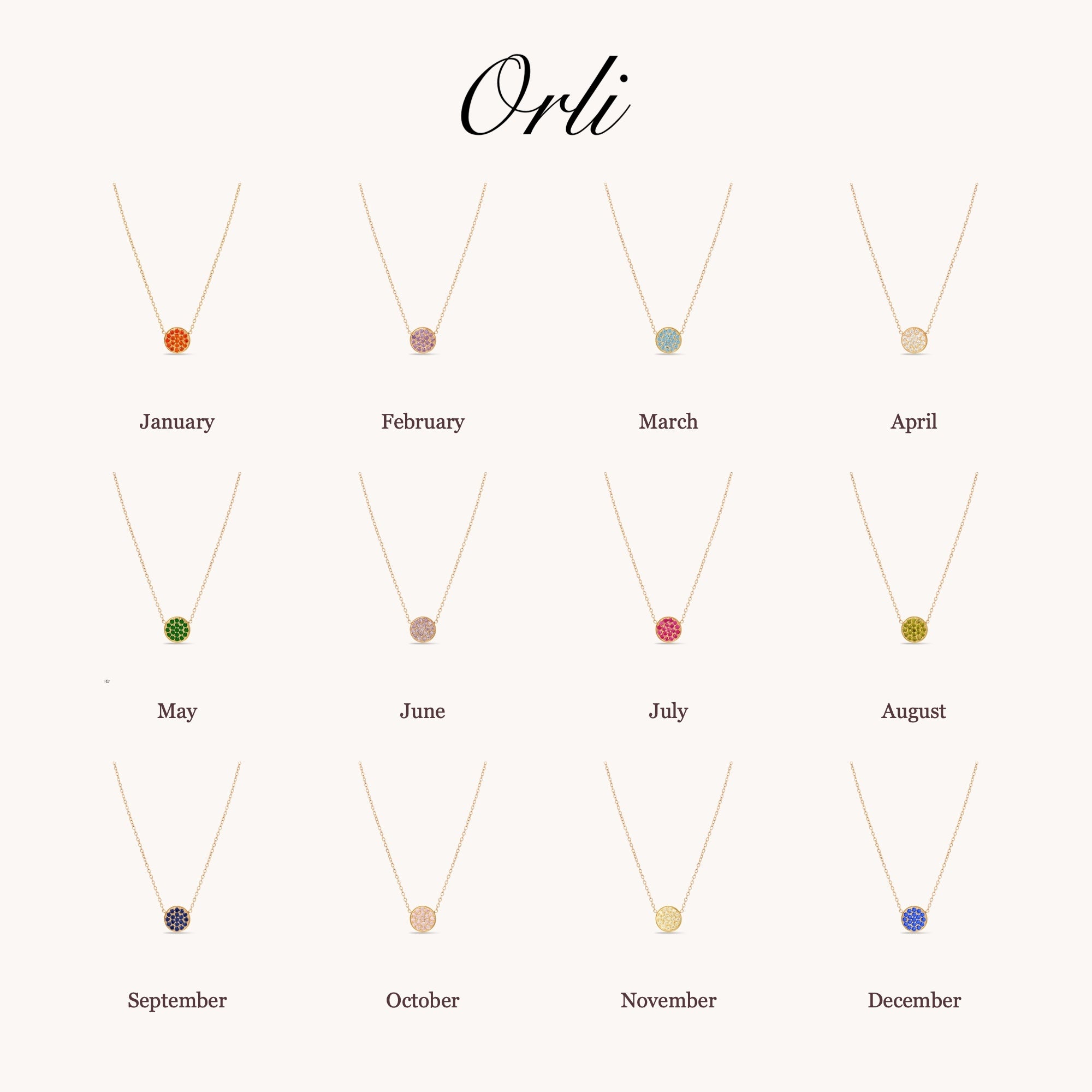 Birthstone Pavé Disc Necklace in Gold — January to December birth month chart