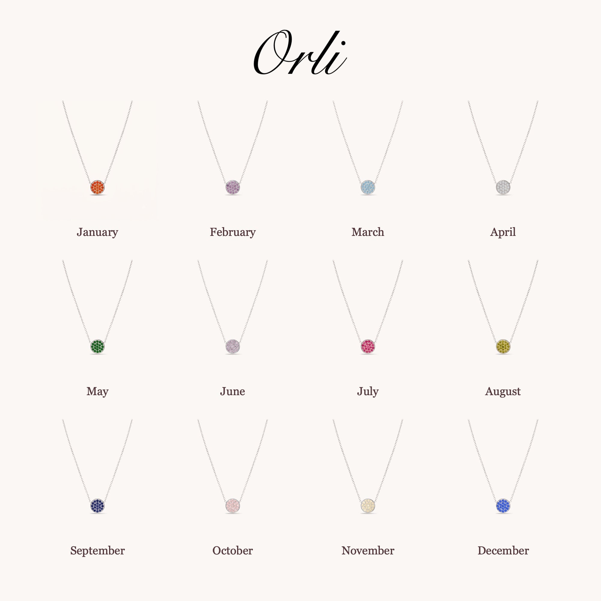 Birthstone Pavé Disc Necklace in Silver — January to December birth month chart