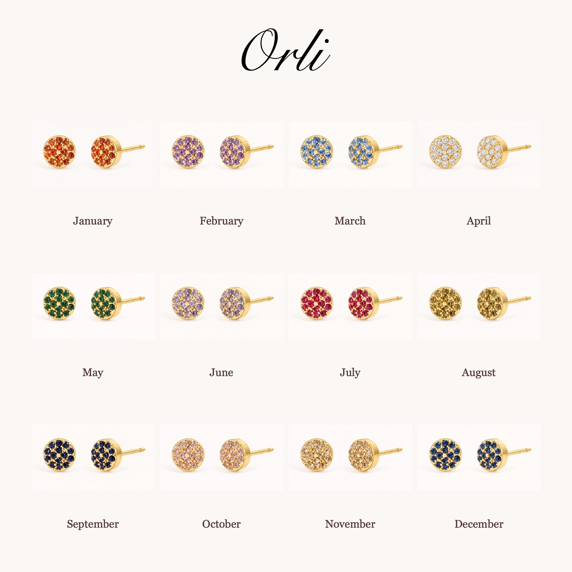 Birthstone Pavé Disc Stud Earrings in Gold — January to December birth month chart