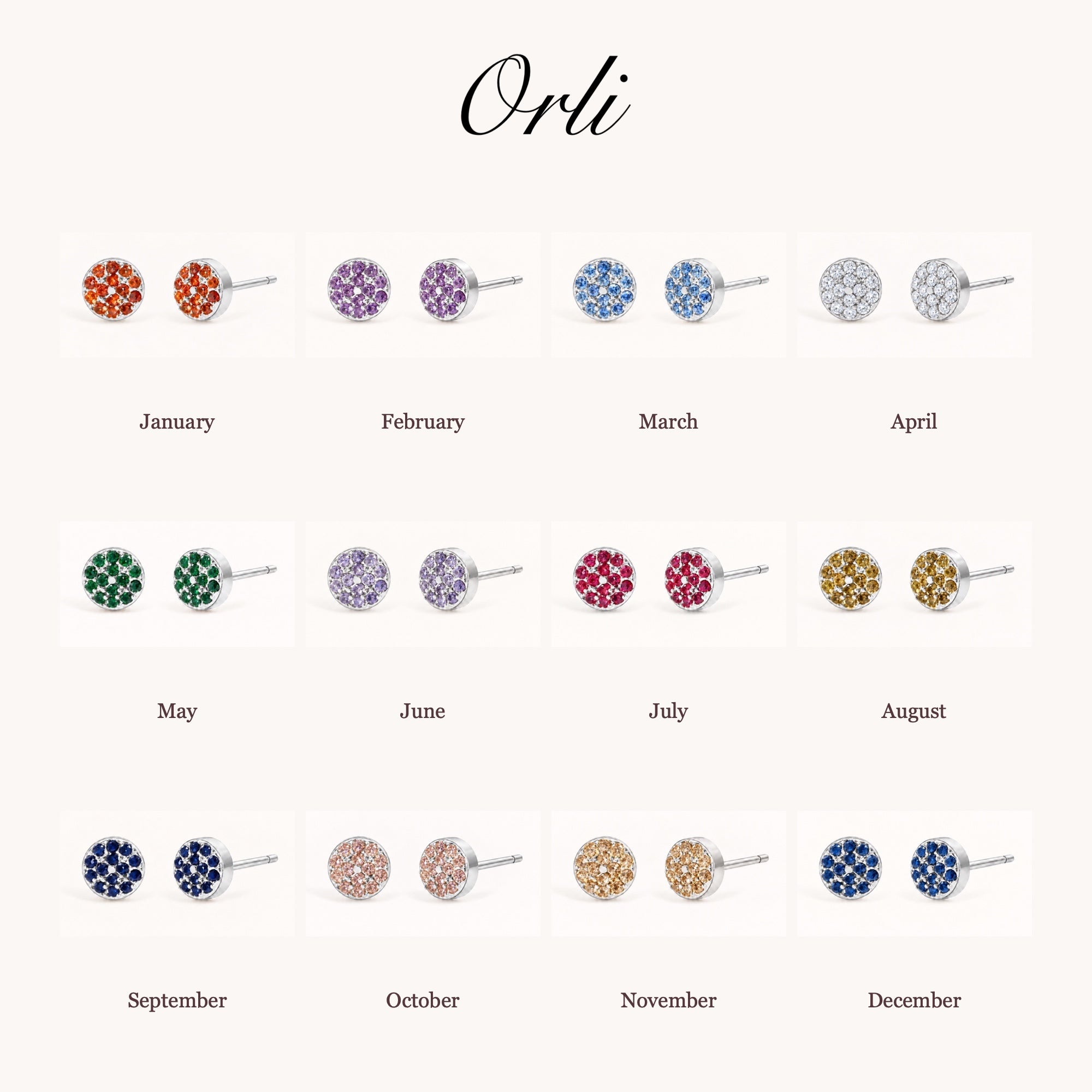 Birthstone Pavé Disc Stud Earrings in Silver — January to December birth month chart
