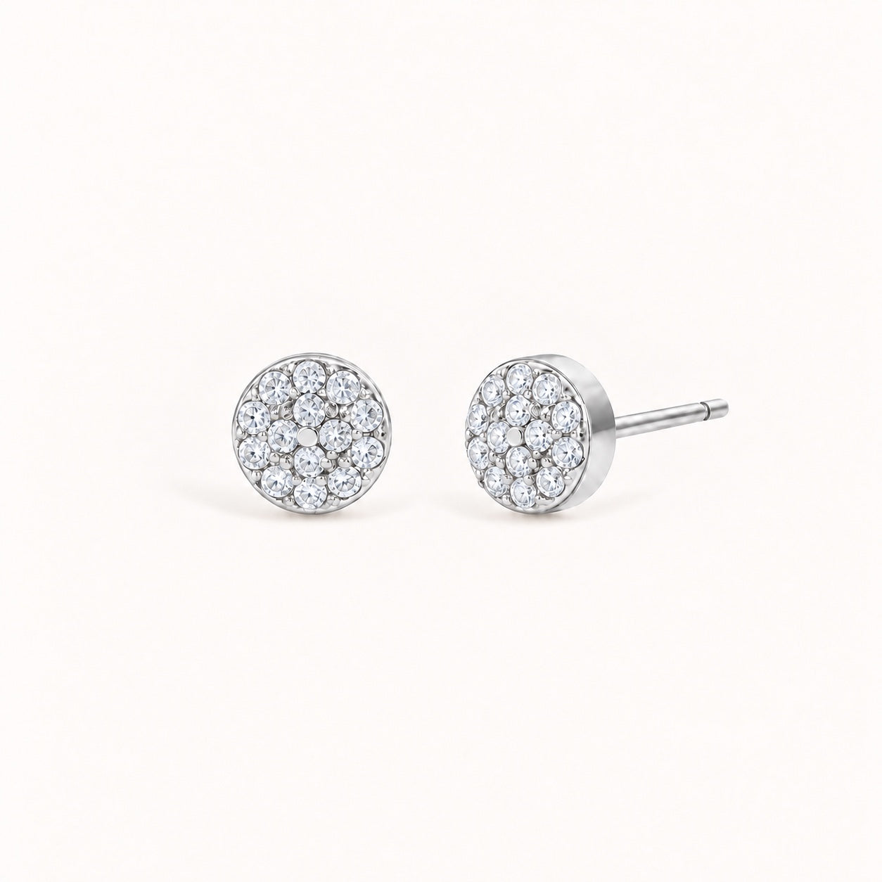 Birthstone Pavé Disc Stud Earrings in Silver – April