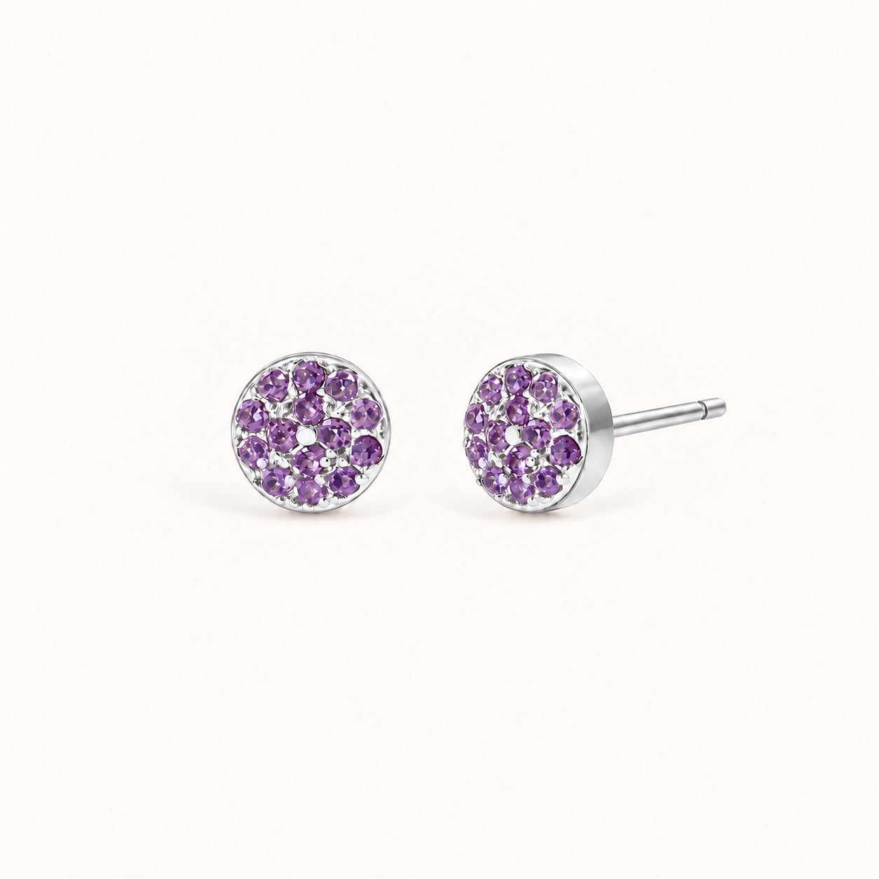 Birthstone Pavé Disc Stud Earrings in Silver – February