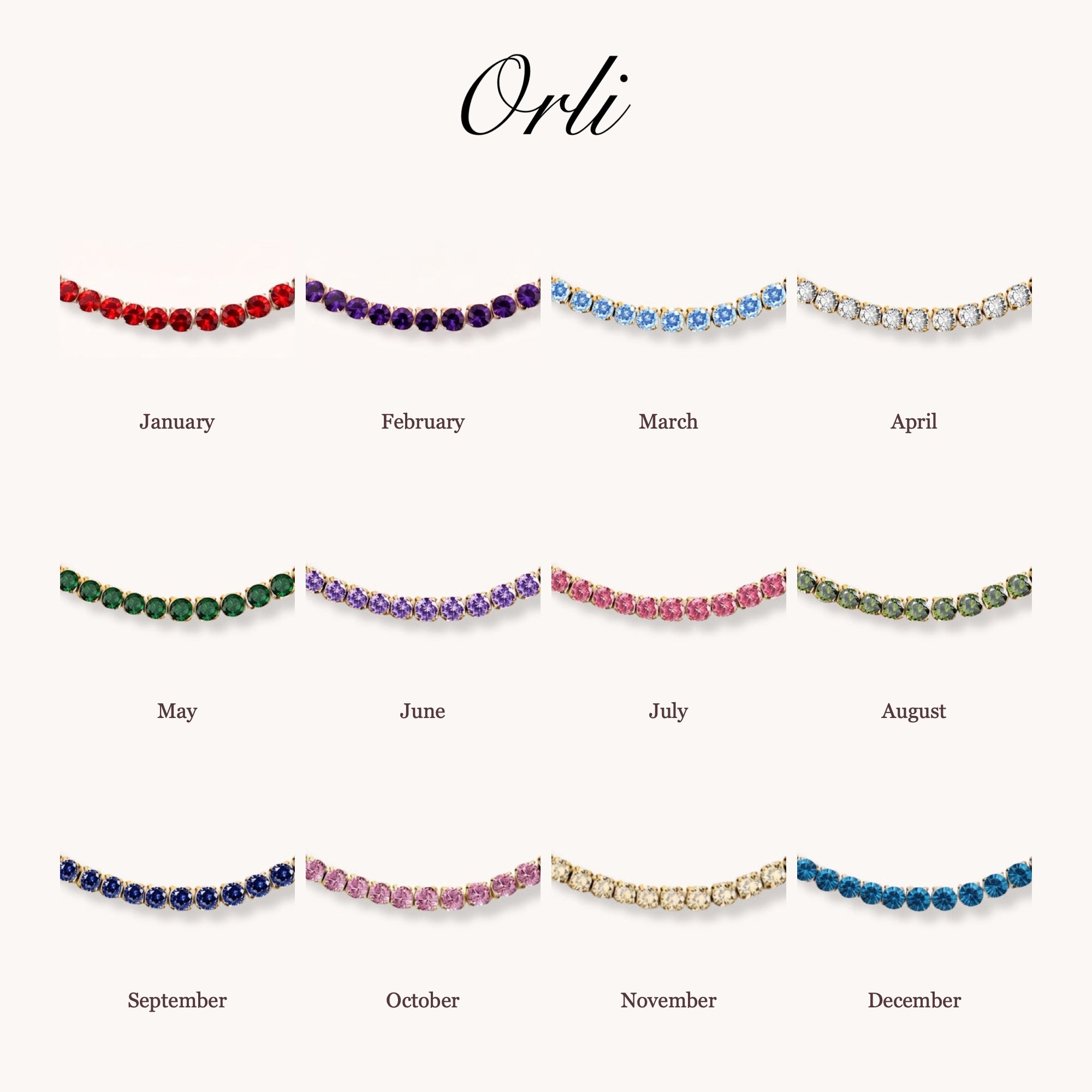 Birthstone Tennis Bracelet in Gold — January to December birth month chart
