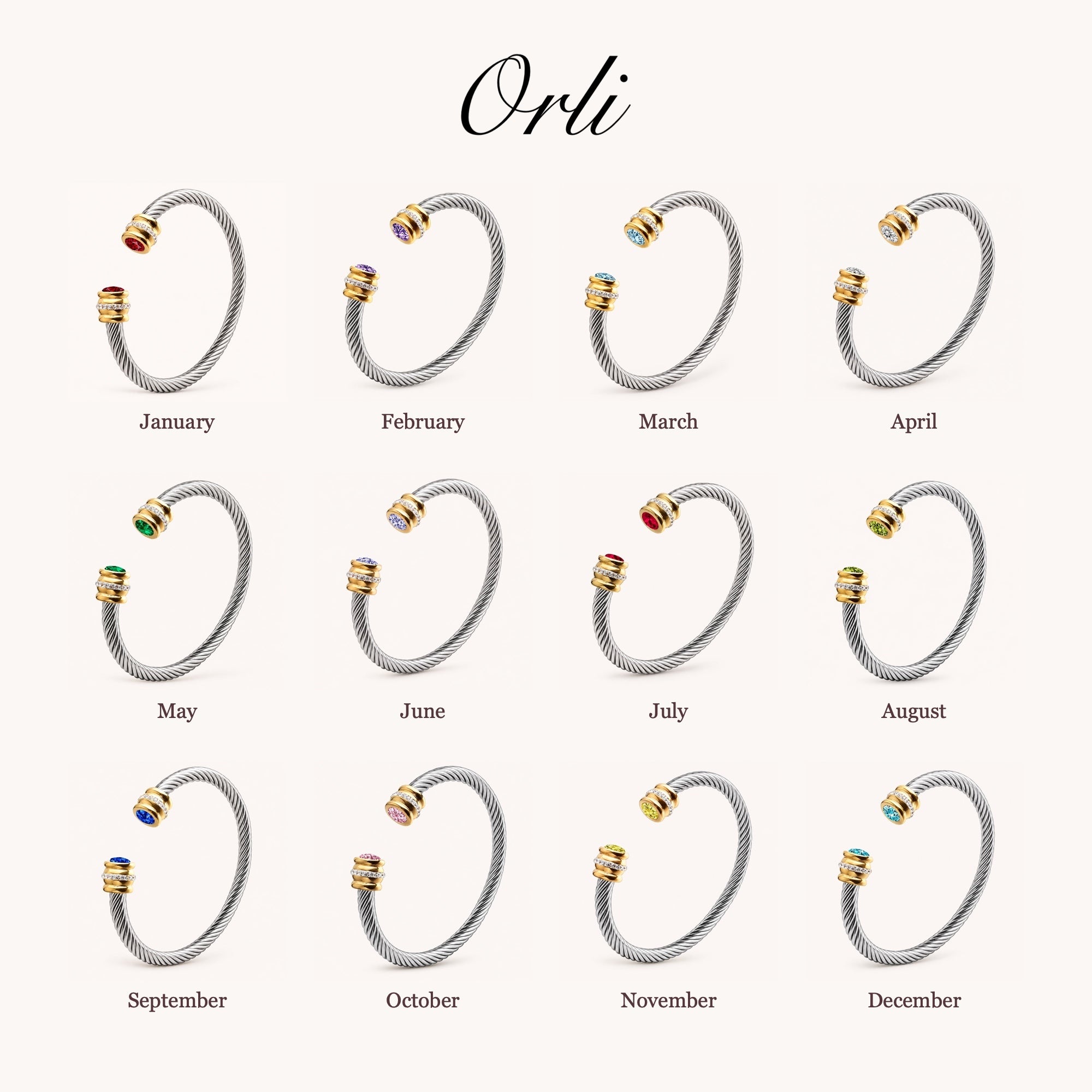 Birthstone Twist Bangle — January to December birth month chart