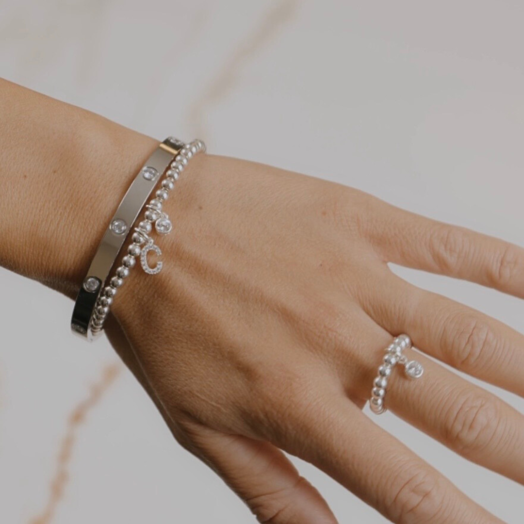 Sterling Silver Crystal Initial & Birthstone Beads Bracelet