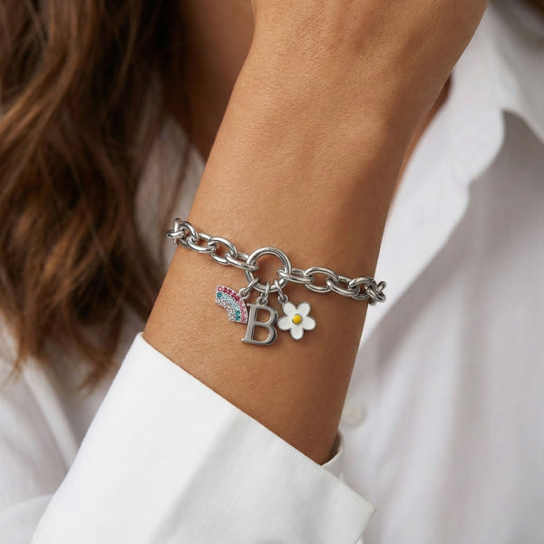 Chunky Chain Charm Connector Bracelet, Silver