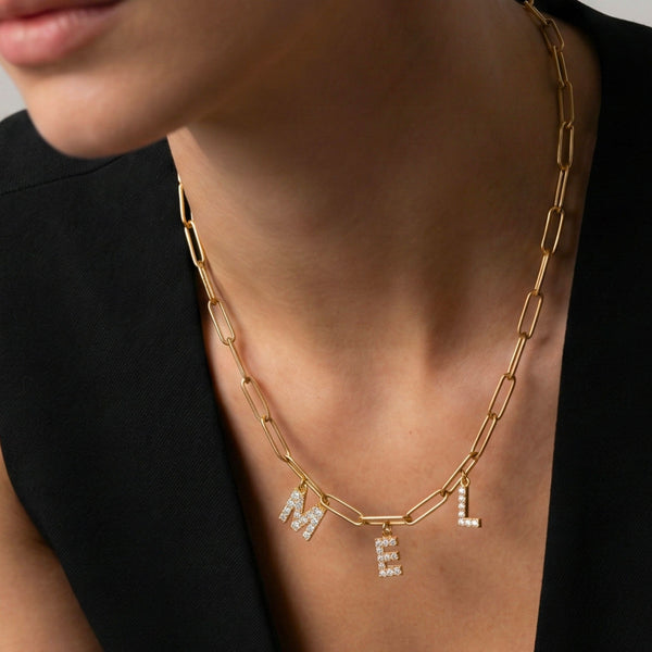 Paperclip Chain Crystal Initial Name Necklace, Gold