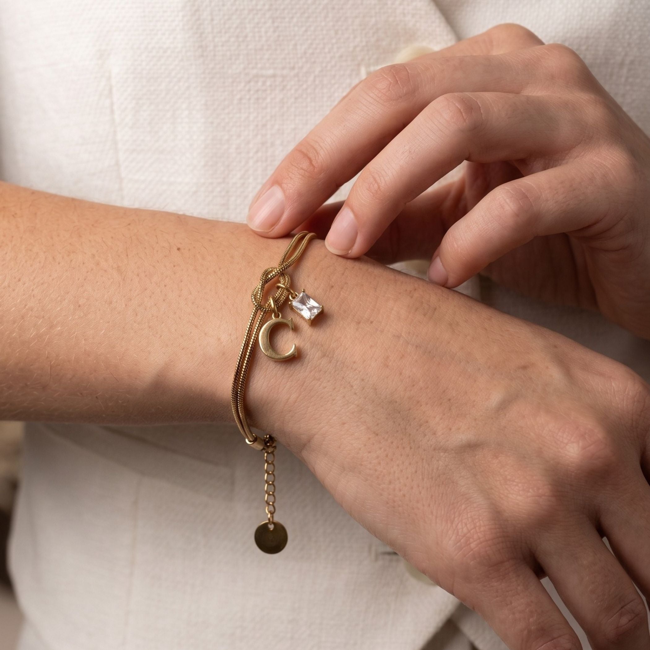 Initial & Birthstone Forever Knot Bracelet in Gold