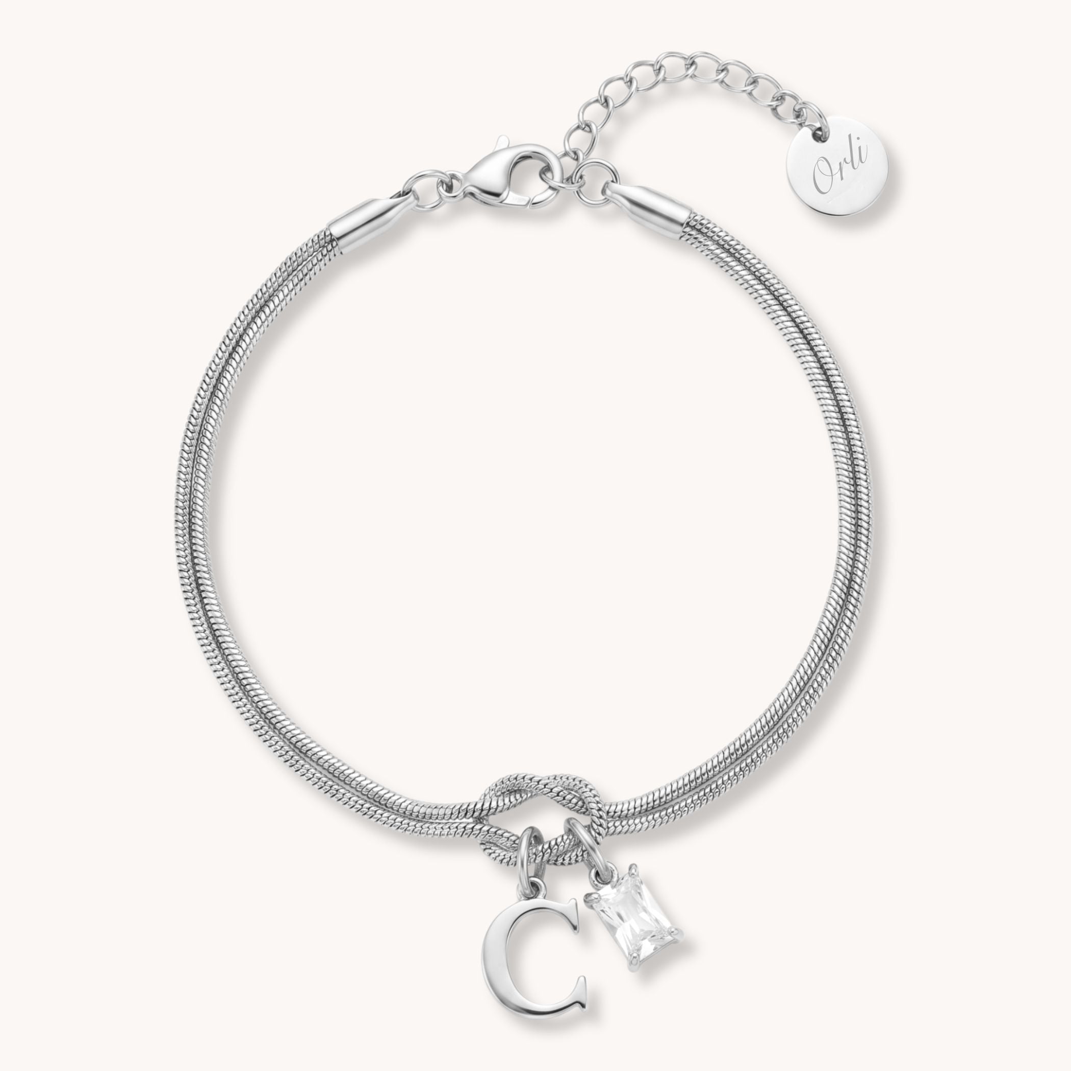 Initial & Birthstone Forever Knot Bracelet in Silver