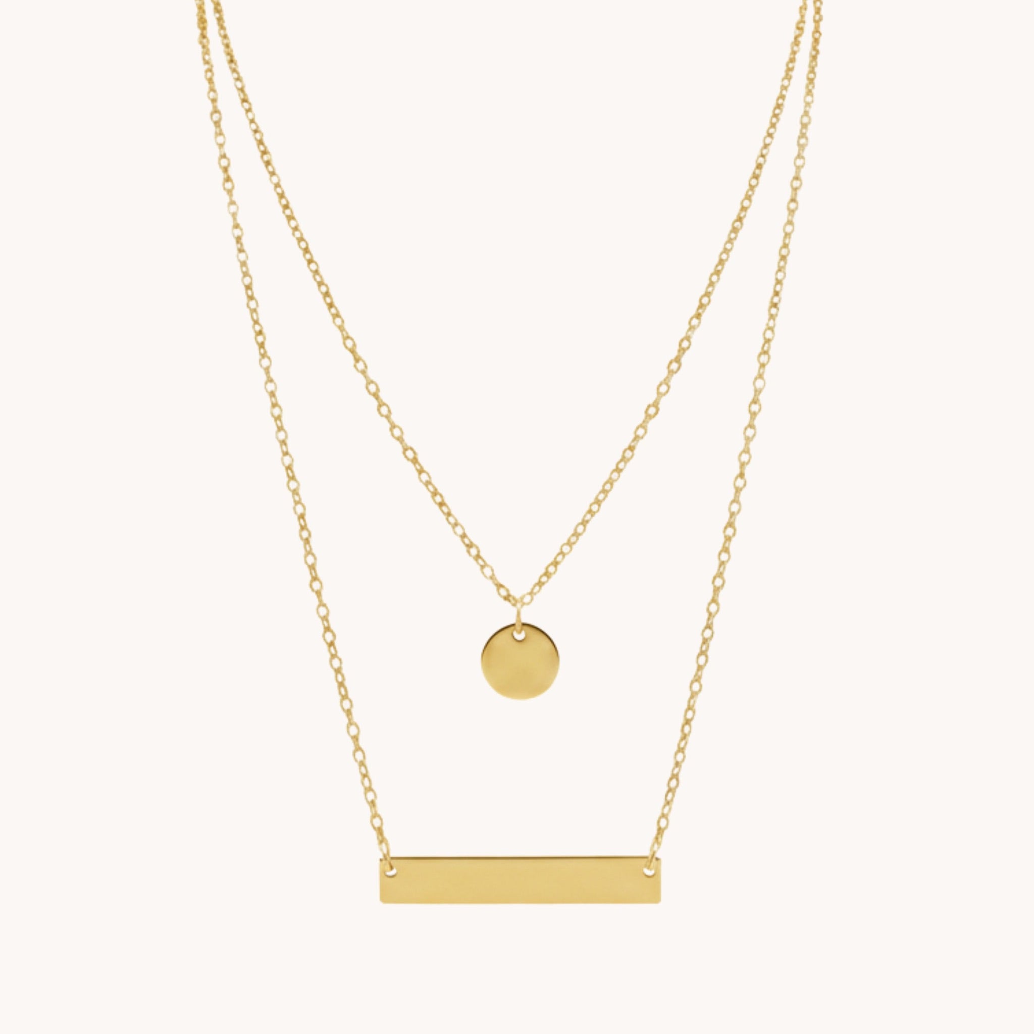 Gold layered bar and disc necklace in 18k gold-plated stainless steel – waterproof & tarnish-free.