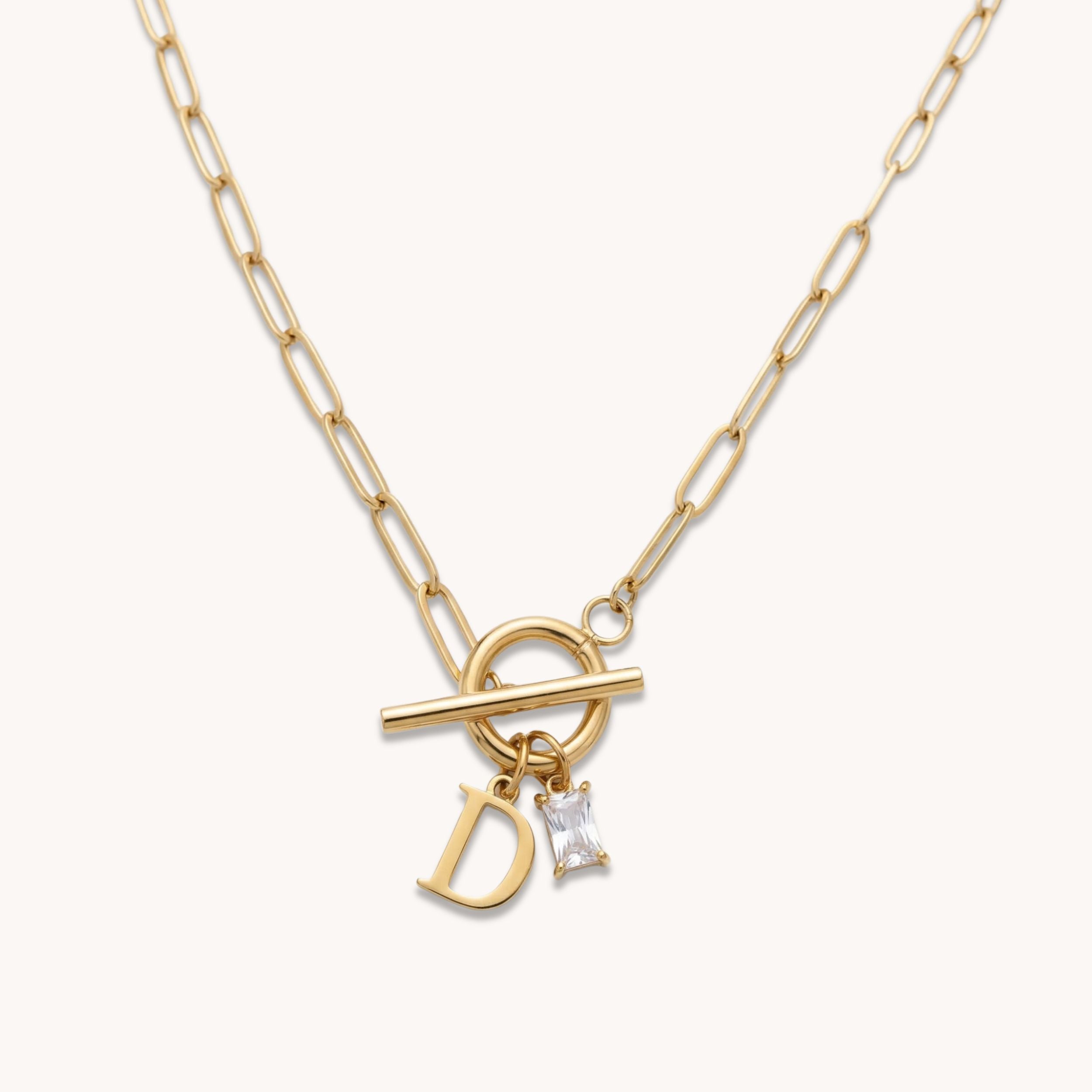 Gracie Initial & Birthstone T-Bar Necklace in Gold