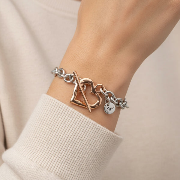 Hammered Heart T-Bar Bracelet, Silver & Rose Gold