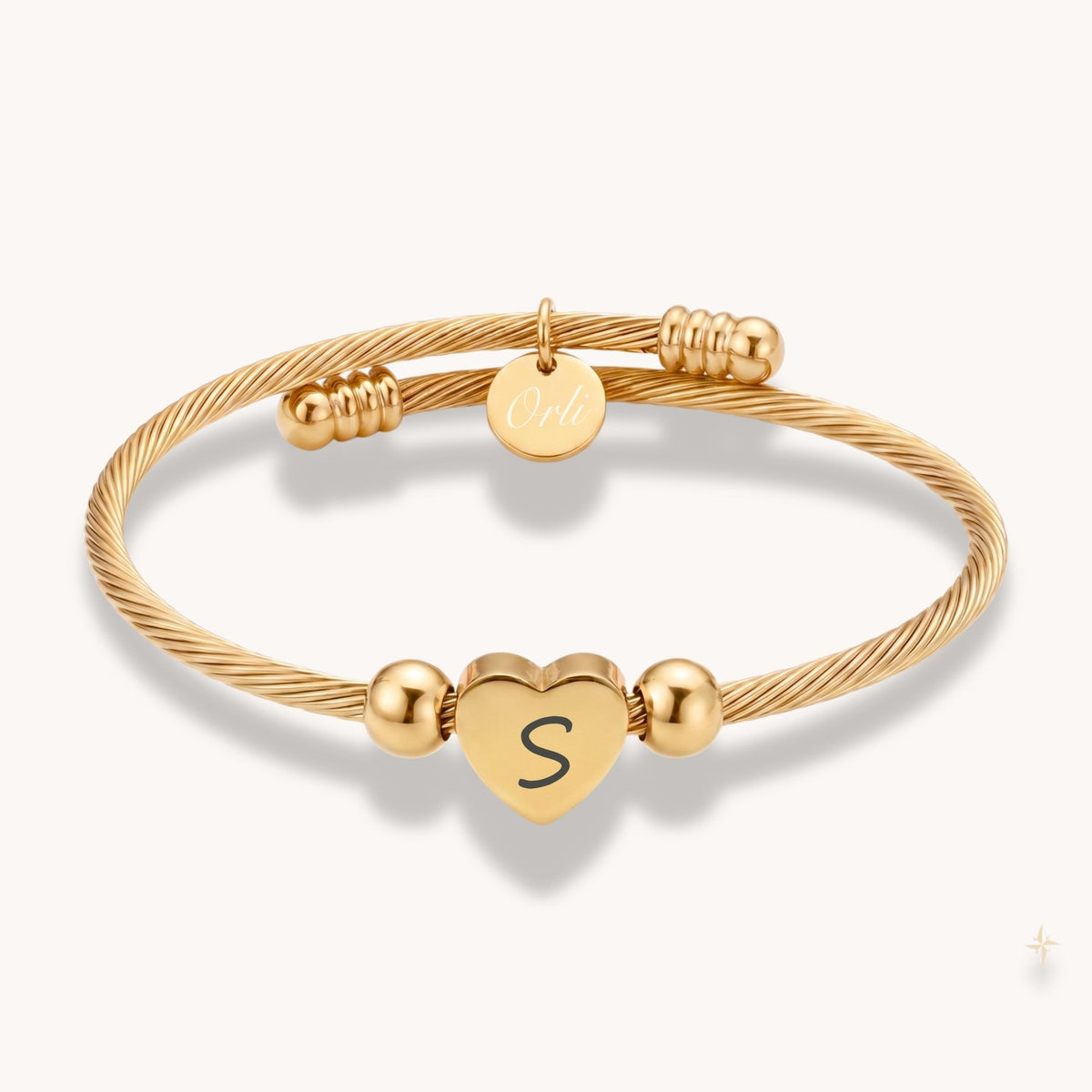 Initial Heart Twist Bangle in Gold