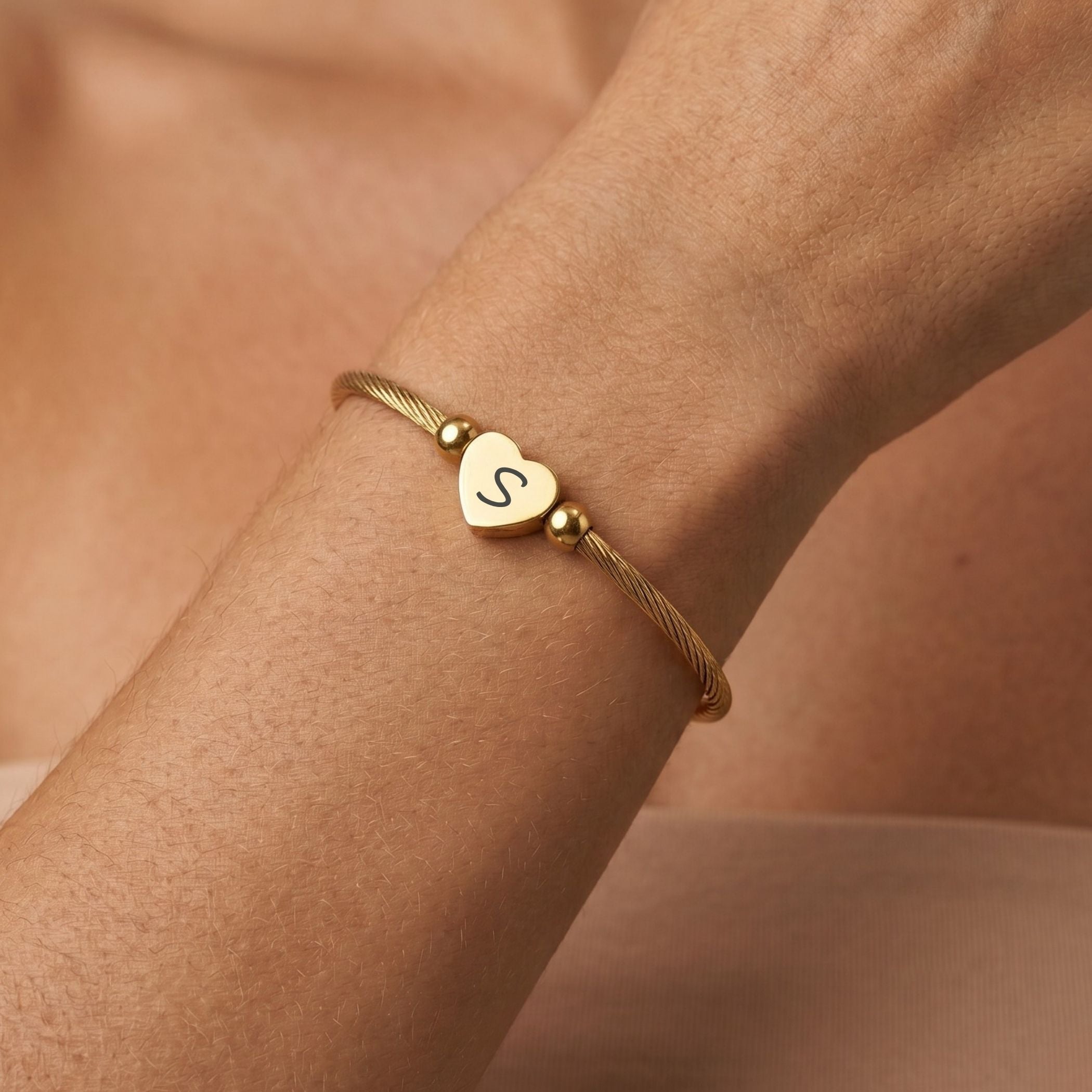 Initial Heart Twist Bangle in Gold