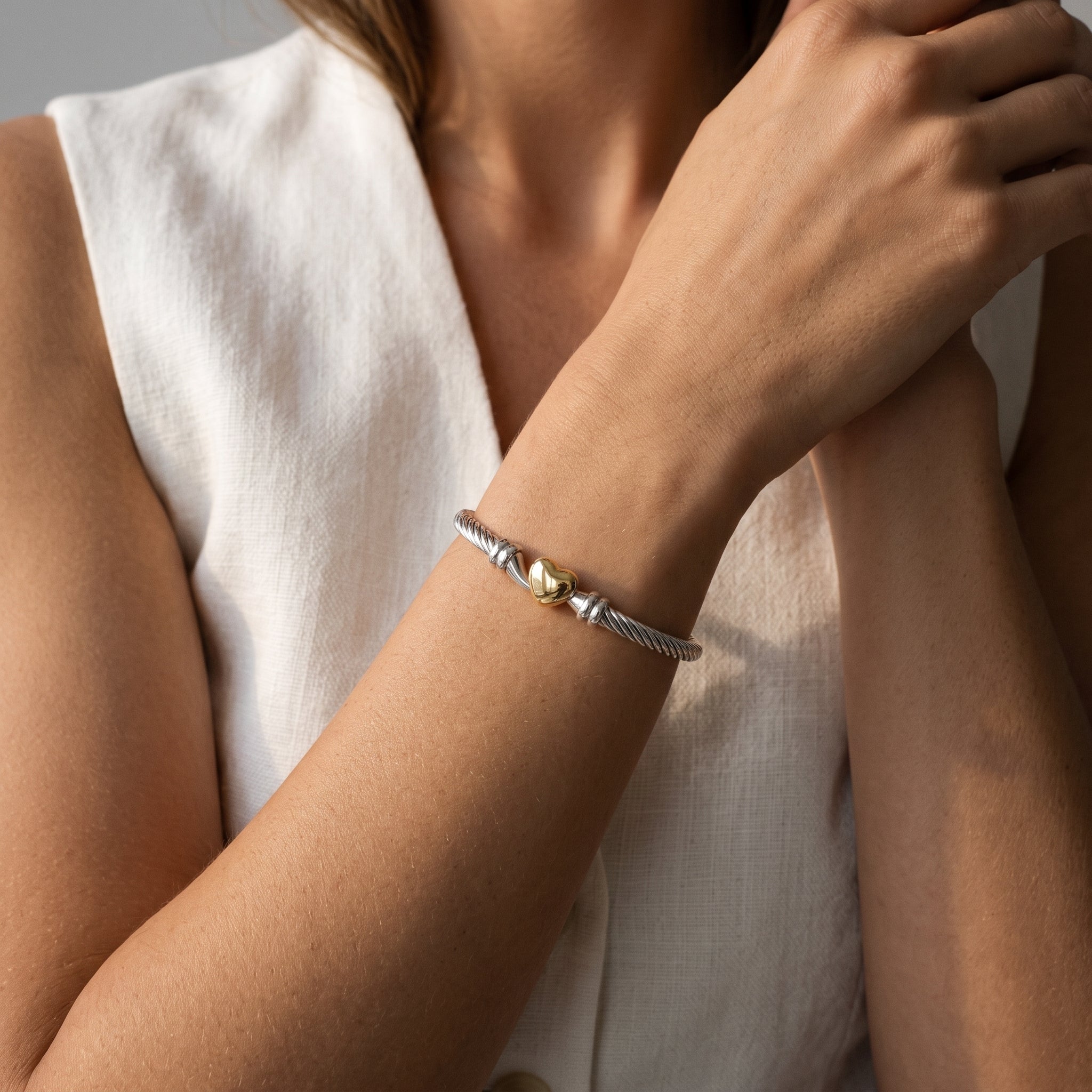 Heart Twist Lock Bangle in Silver & Gold