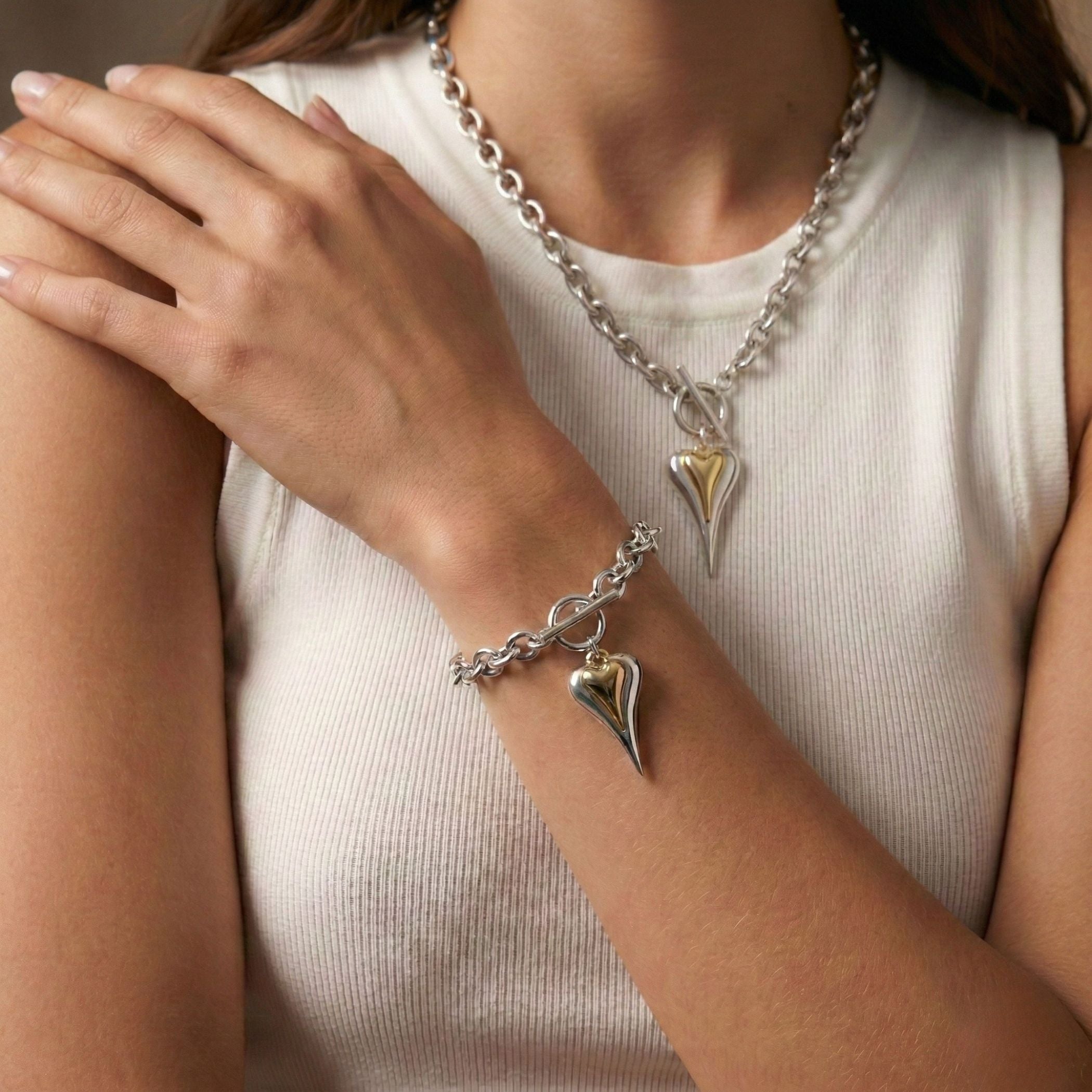 Hourglass Heart Chunky T-Bar Bracelet in Silver & Gold