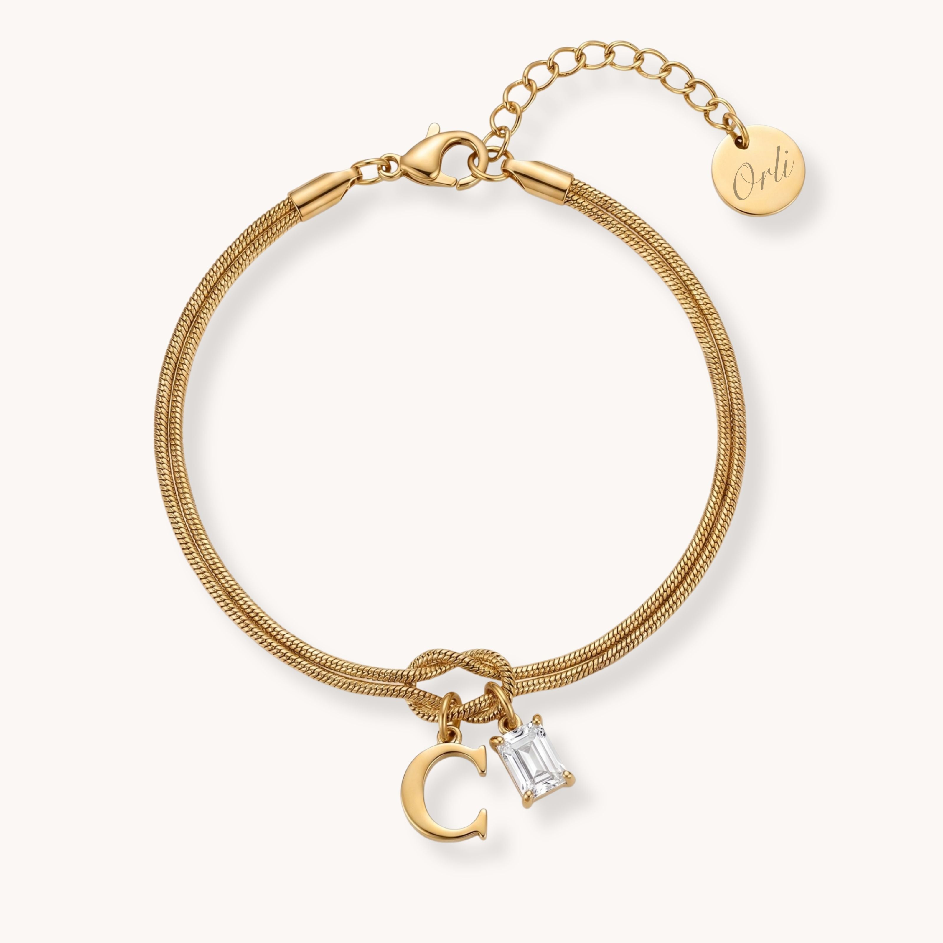 Initial & Birthstone Forever Knot Bracelet in Gold