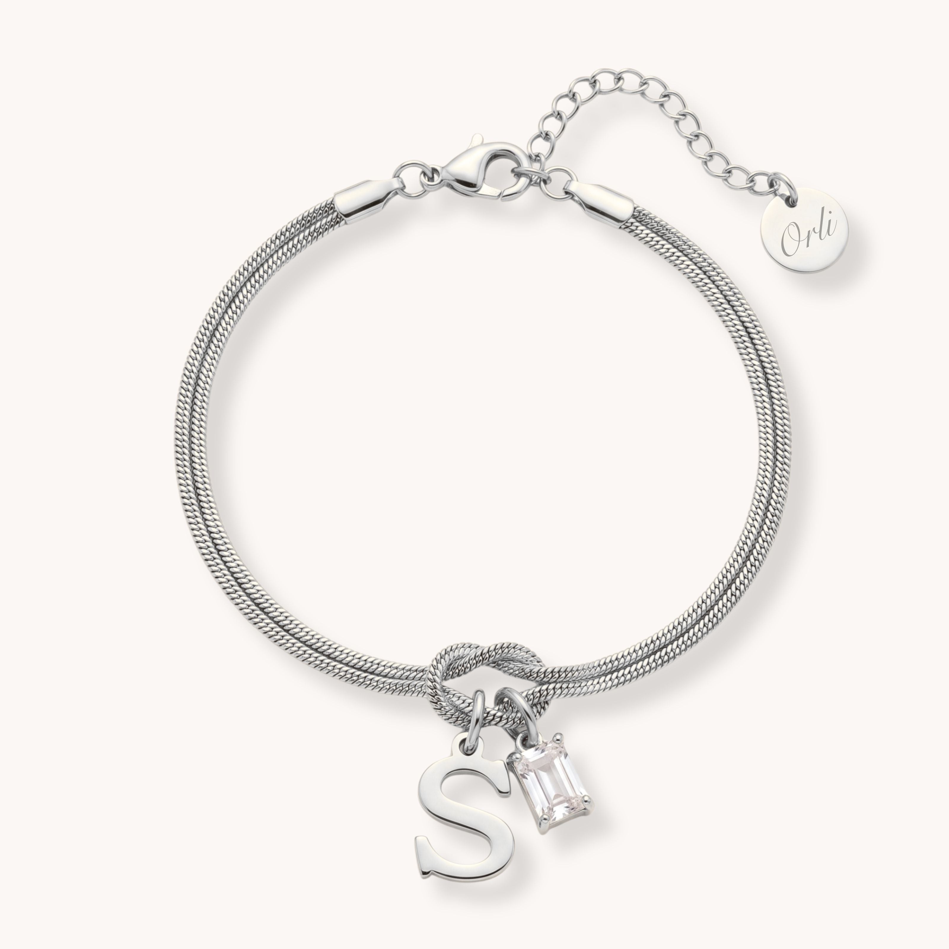 Initial & Birthstone Forever Knot Bracelet in Silver - product shot