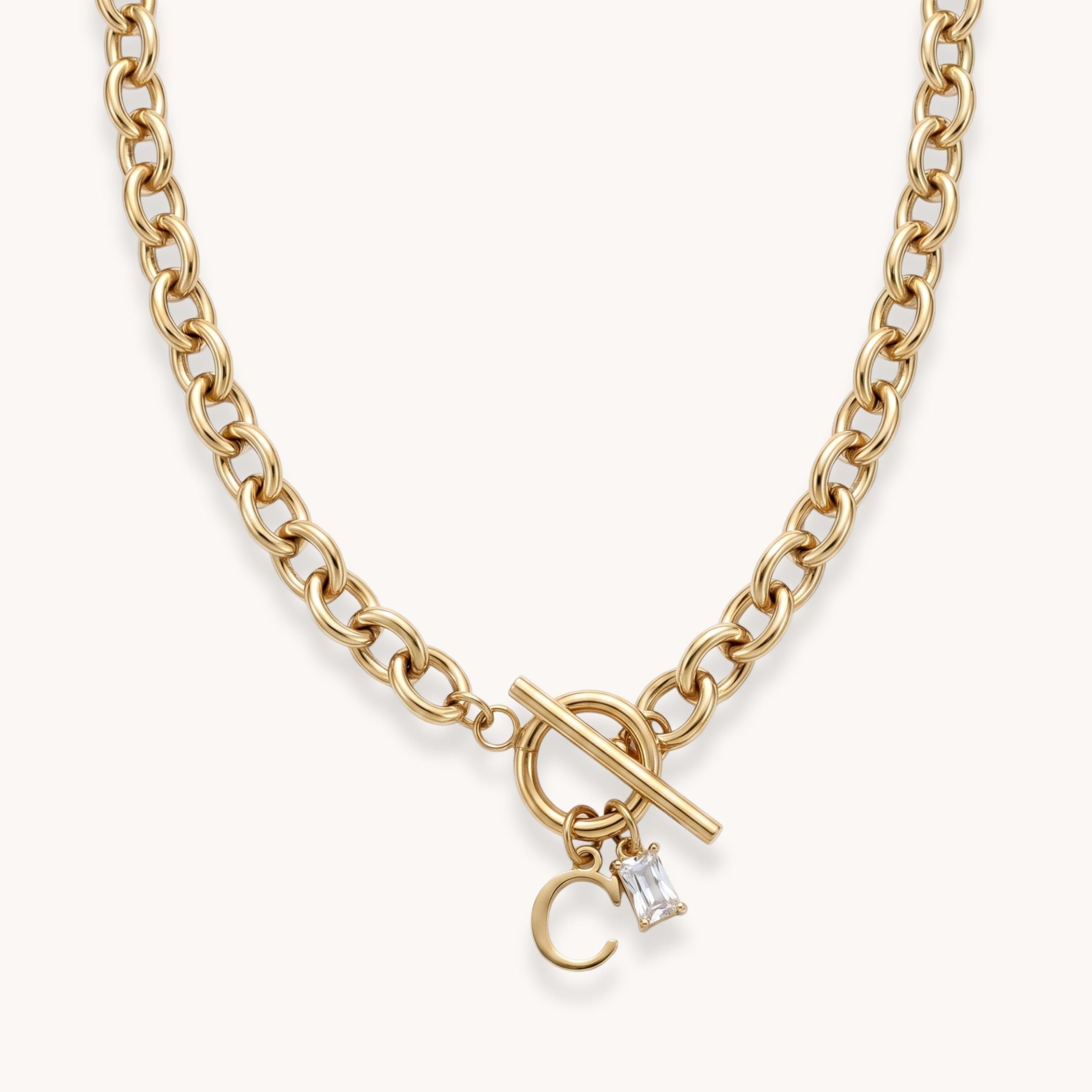 Initial & Birthstone Chunky T-bar Necklace in Gold
