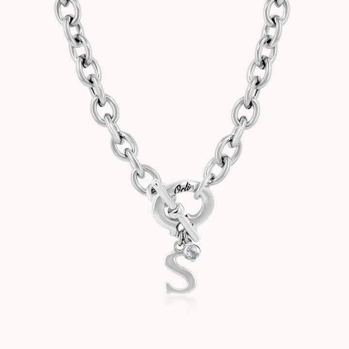 Initial & Birthstone Chunky Necklace, Silver