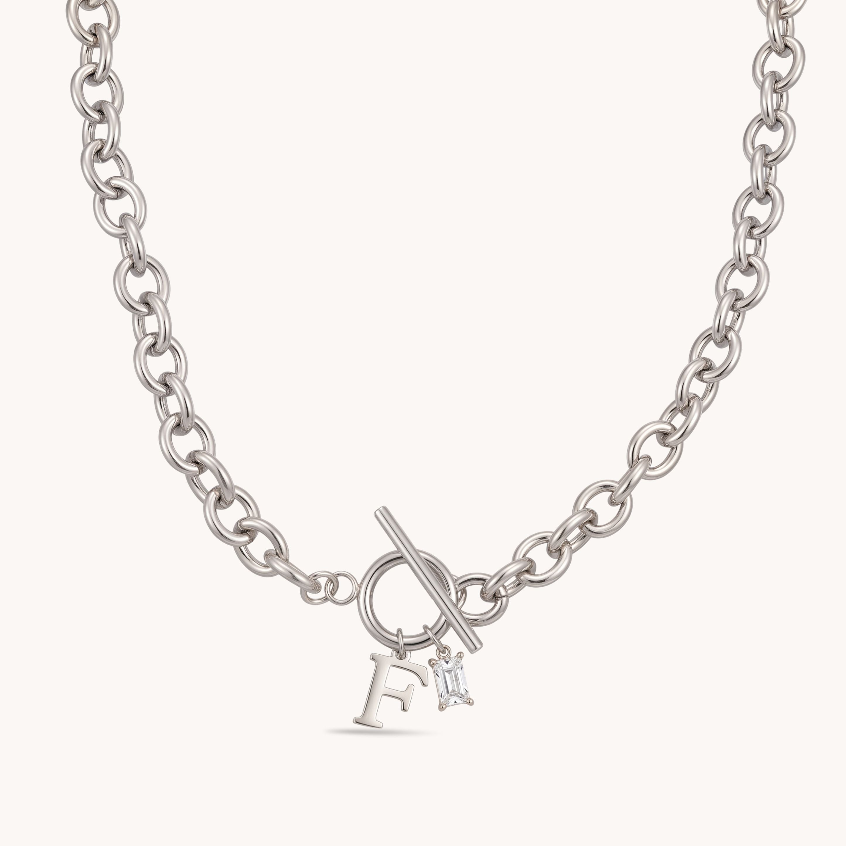 Initial & Birthstone Chunky T-bar Necklace in Silver