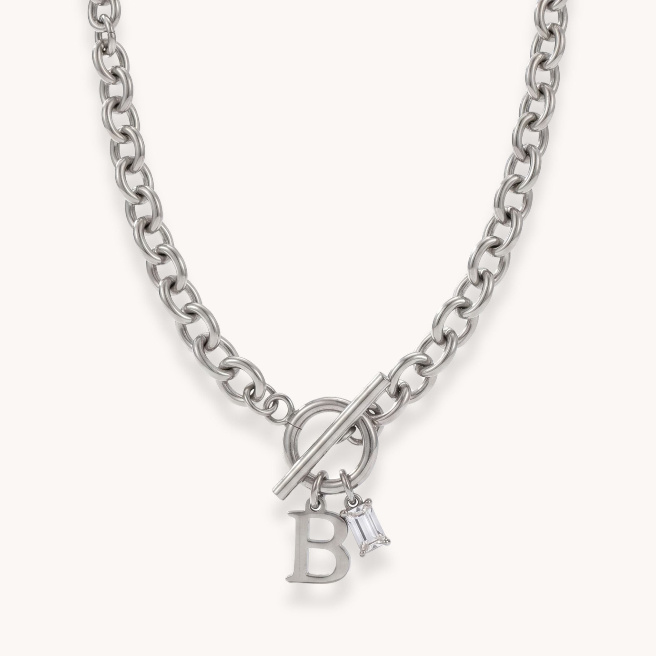 Initial & Birthstone Chunky T-bar Necklace in Silver