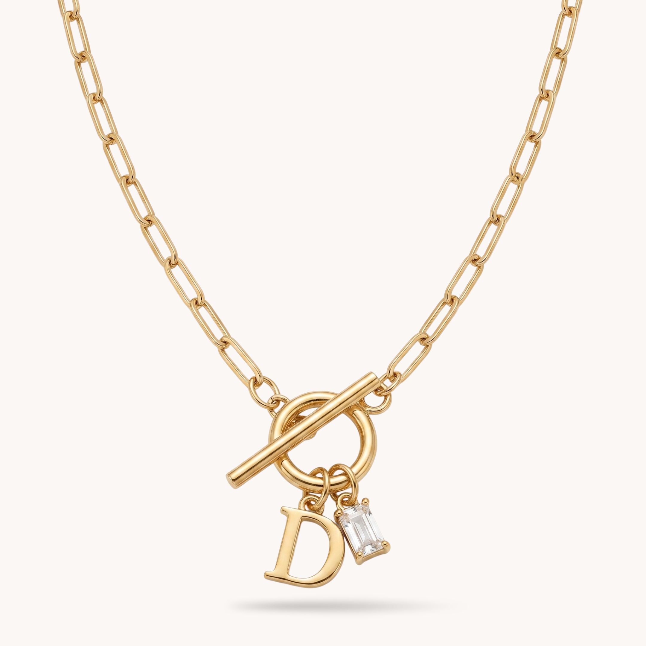 Gracie Initial & Birthstone T-Bar Necklace in Gold