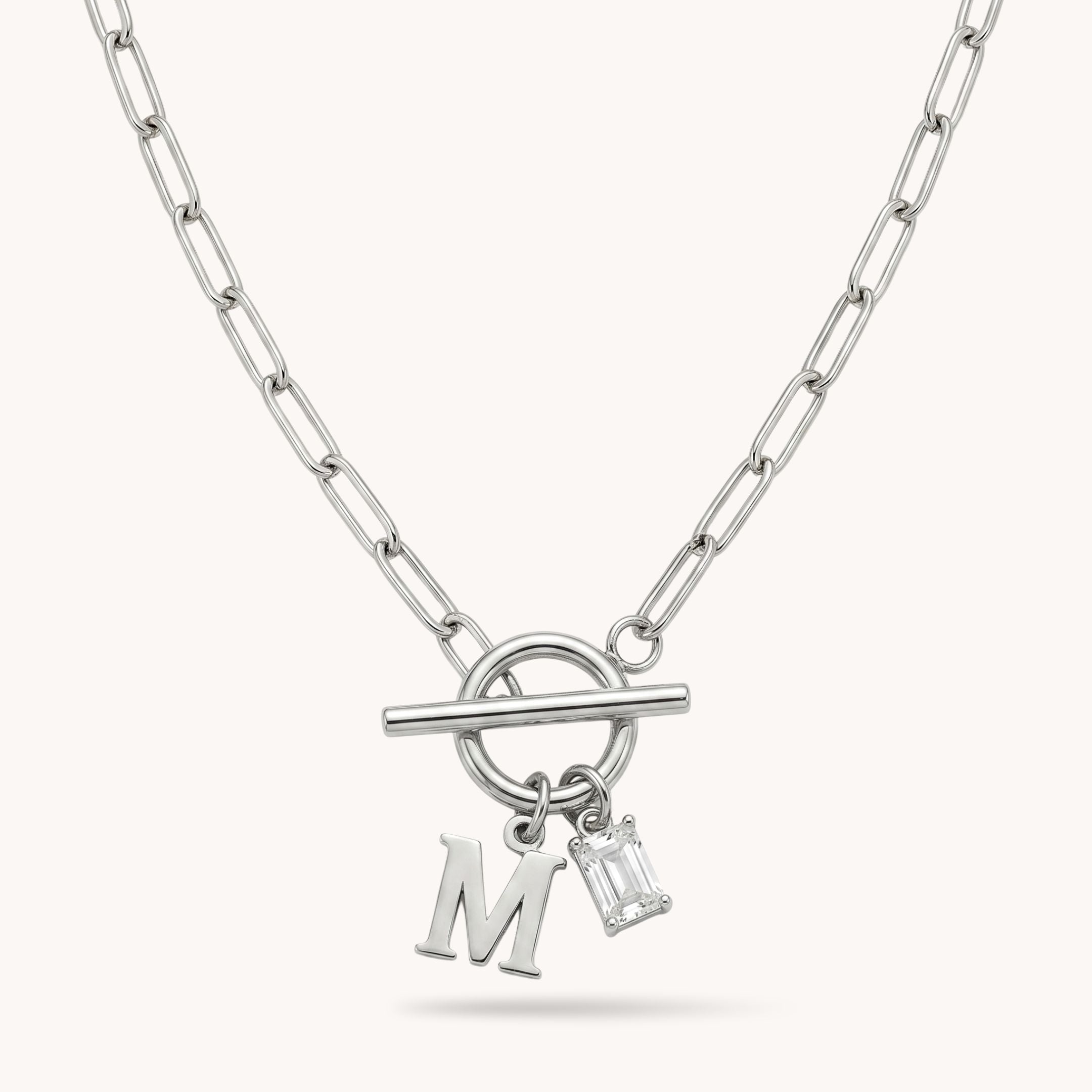 Gracie Initial & Birthstone T-Bar Necklace in Silver