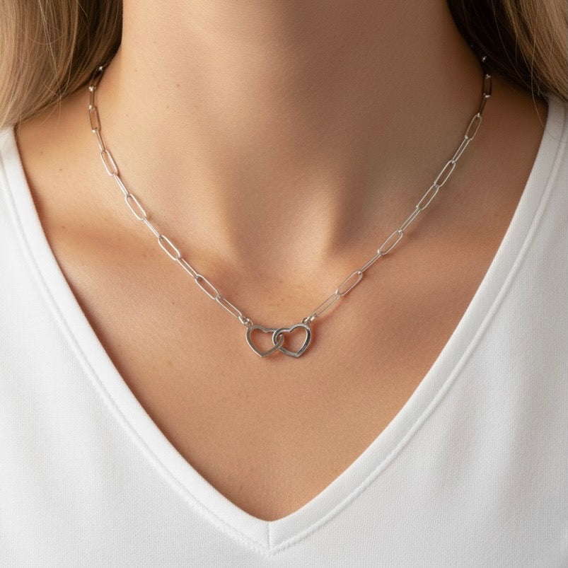 Interlinked Heart Paperclip Necklace in Silver