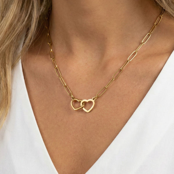 Interlinked Heart Paperclip Necklace in Gold