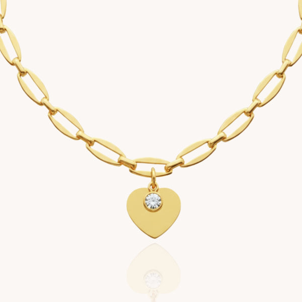 Classic Heart & Birthstone Long Link Necklace in Gold
