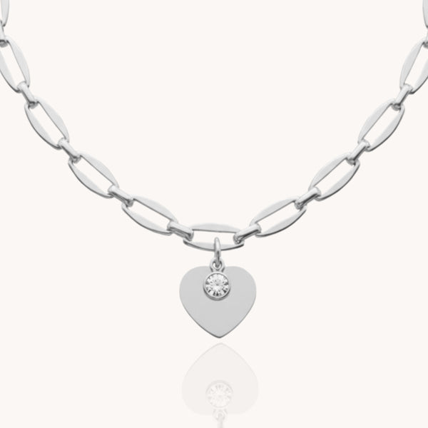 Classic Heart and Birthstone Long Link Necklace in Silver