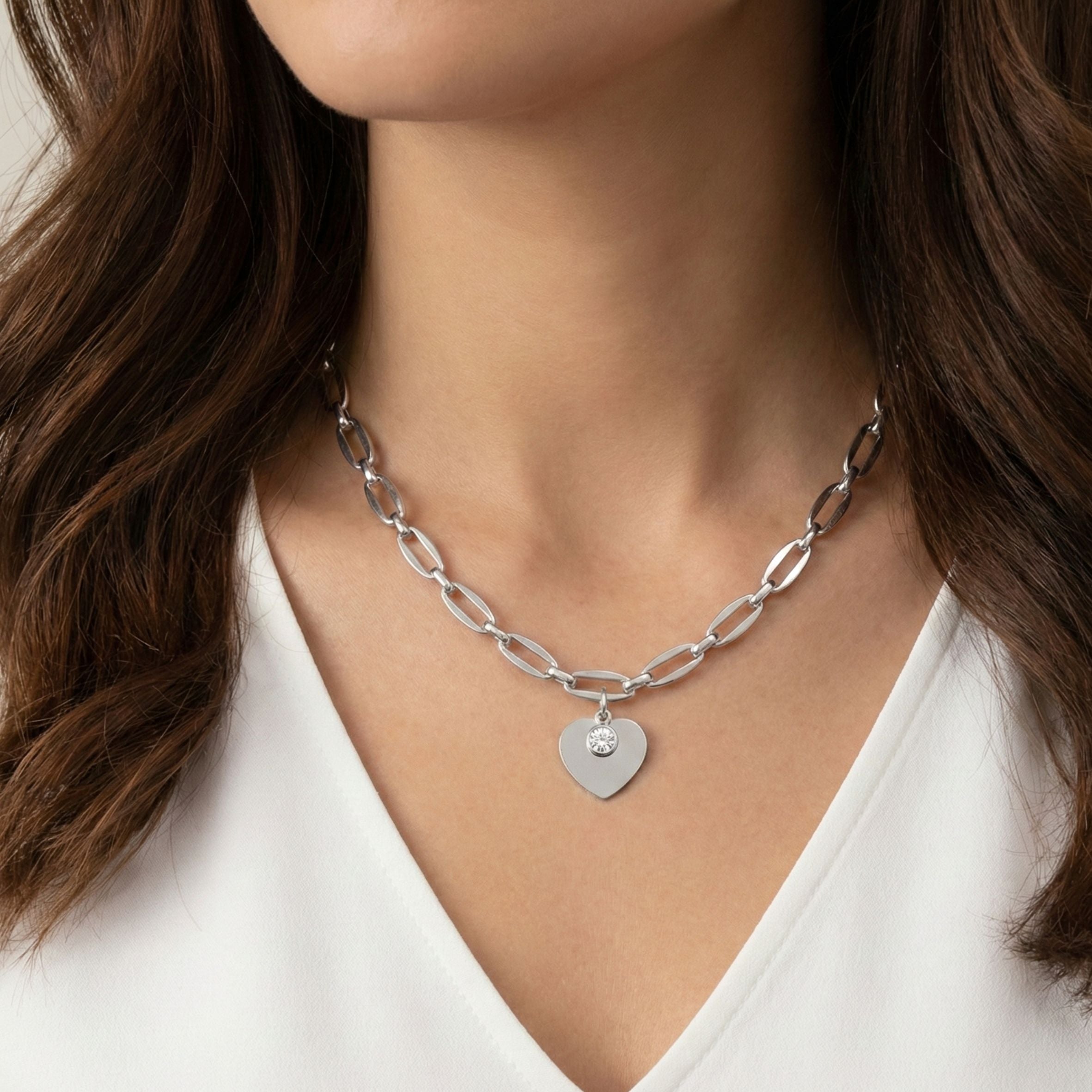Classic Heart and Birthstone Long Link Necklace in Silver