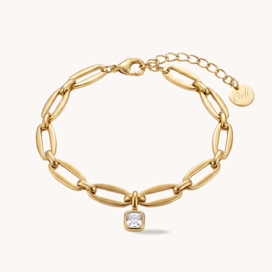 Long Link Square Birthstone Bracelet in Gold