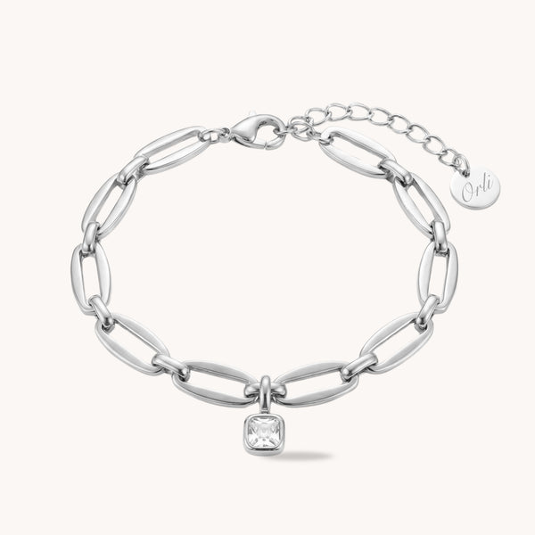 Long Link Square Birthstone Bracelet in Silver
