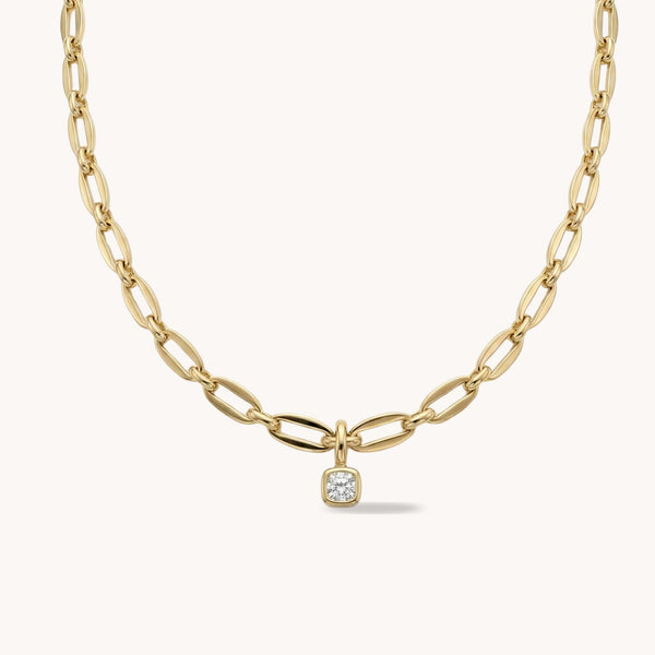 Long Link Square Birthstone Necklace in Gold