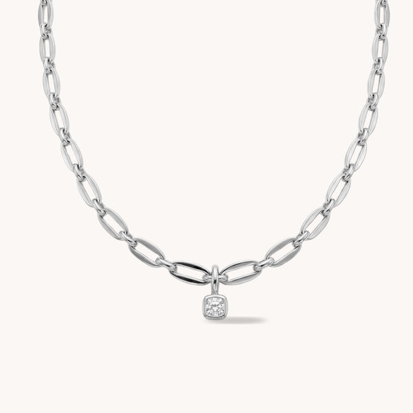Long Link Square Birthstone Necklace in Silver