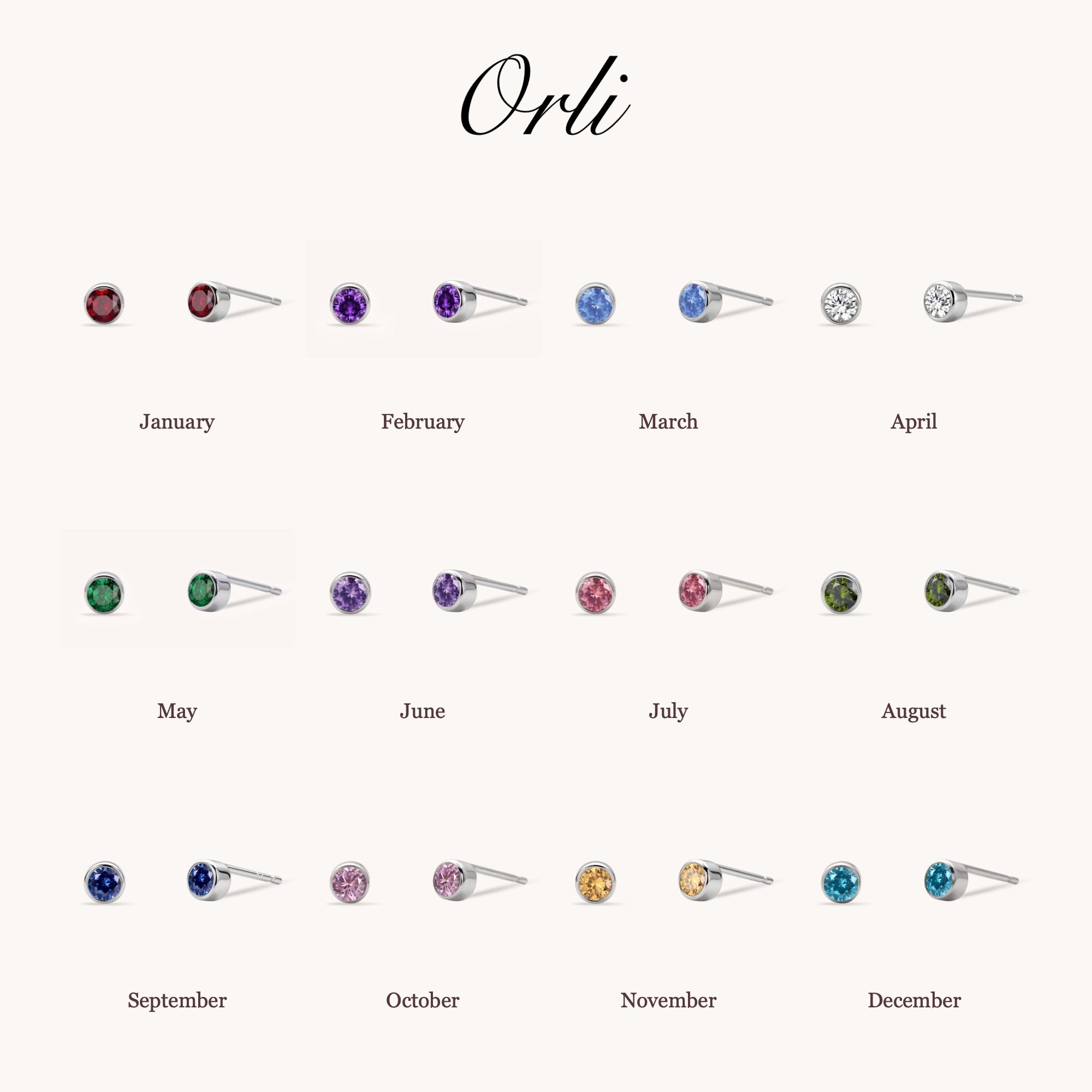 Mini Birthstone Stud Earrings in Silver — January to December birth month chart