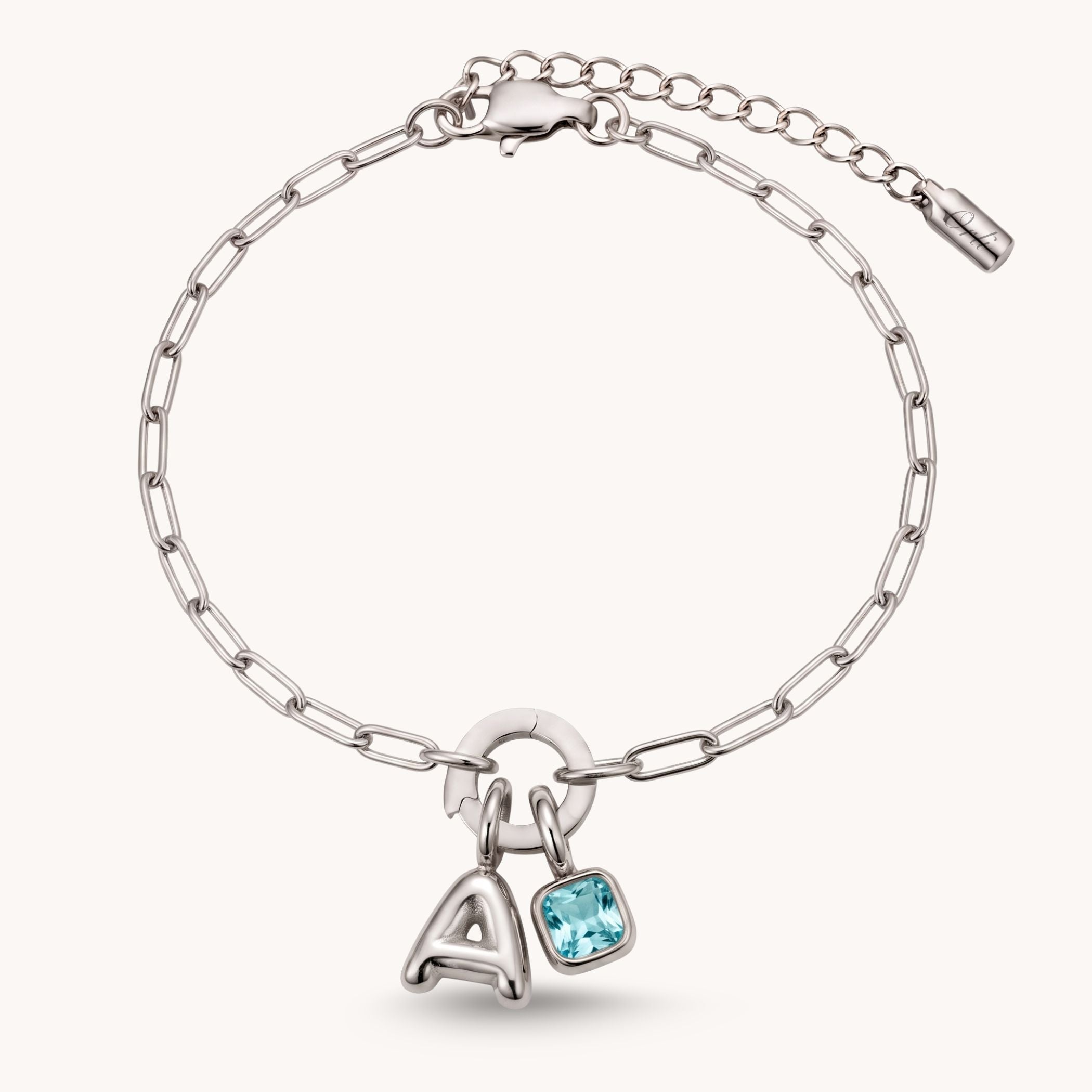 Mini Paperclip Bubble Initial & Birthstone Bracelet in Silver