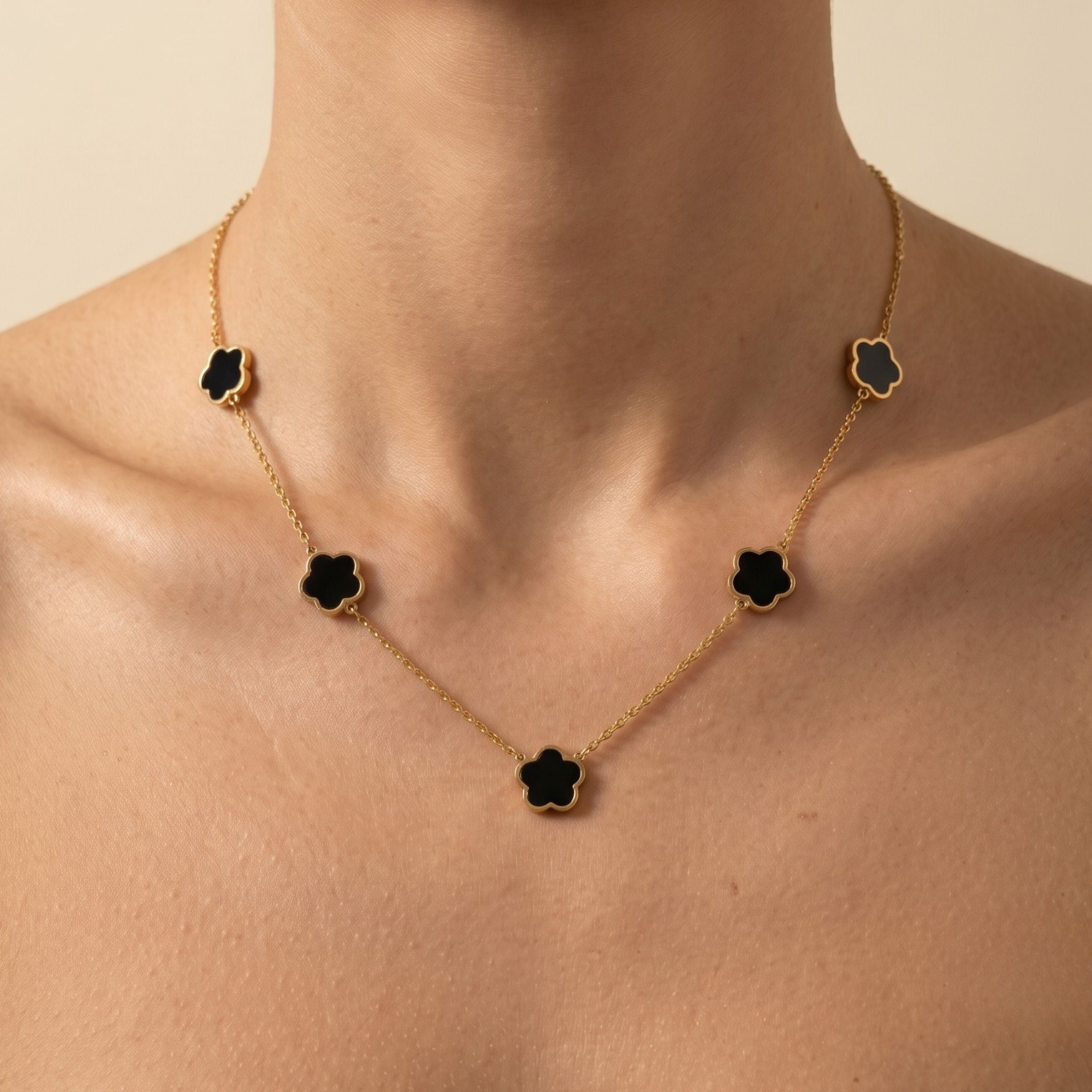 Black Multi Clover Necklace in Gold