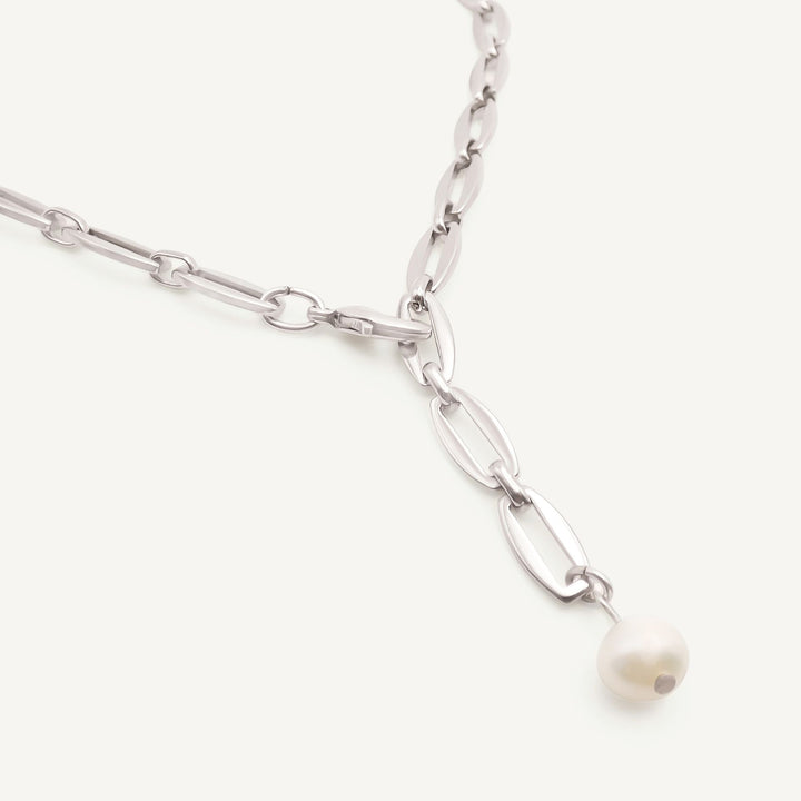 Long Link Adjustable Pearl Necklace, Silver